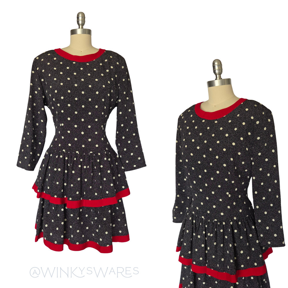 Vintage 80s Polka Dot Mini Dress Size M 8 Black Red Tiered Skirt Long Sleeve